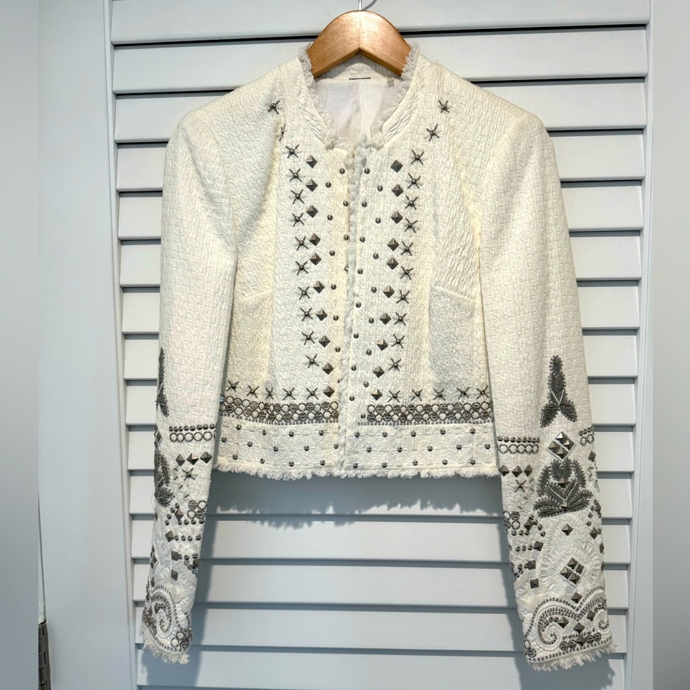 Elie Tahari Beaded White Crop Jacket